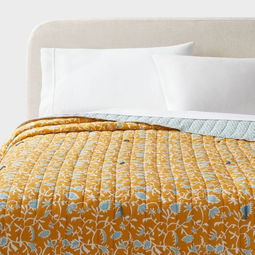 Full/Queen Earthy Vines Quilt Mustard Yellow/Teal  Mustard Yellow/Teal Blue